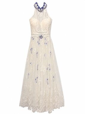 Sherri Hill 50977 Ivory Lace Maxi Dress with Blue Embellishment